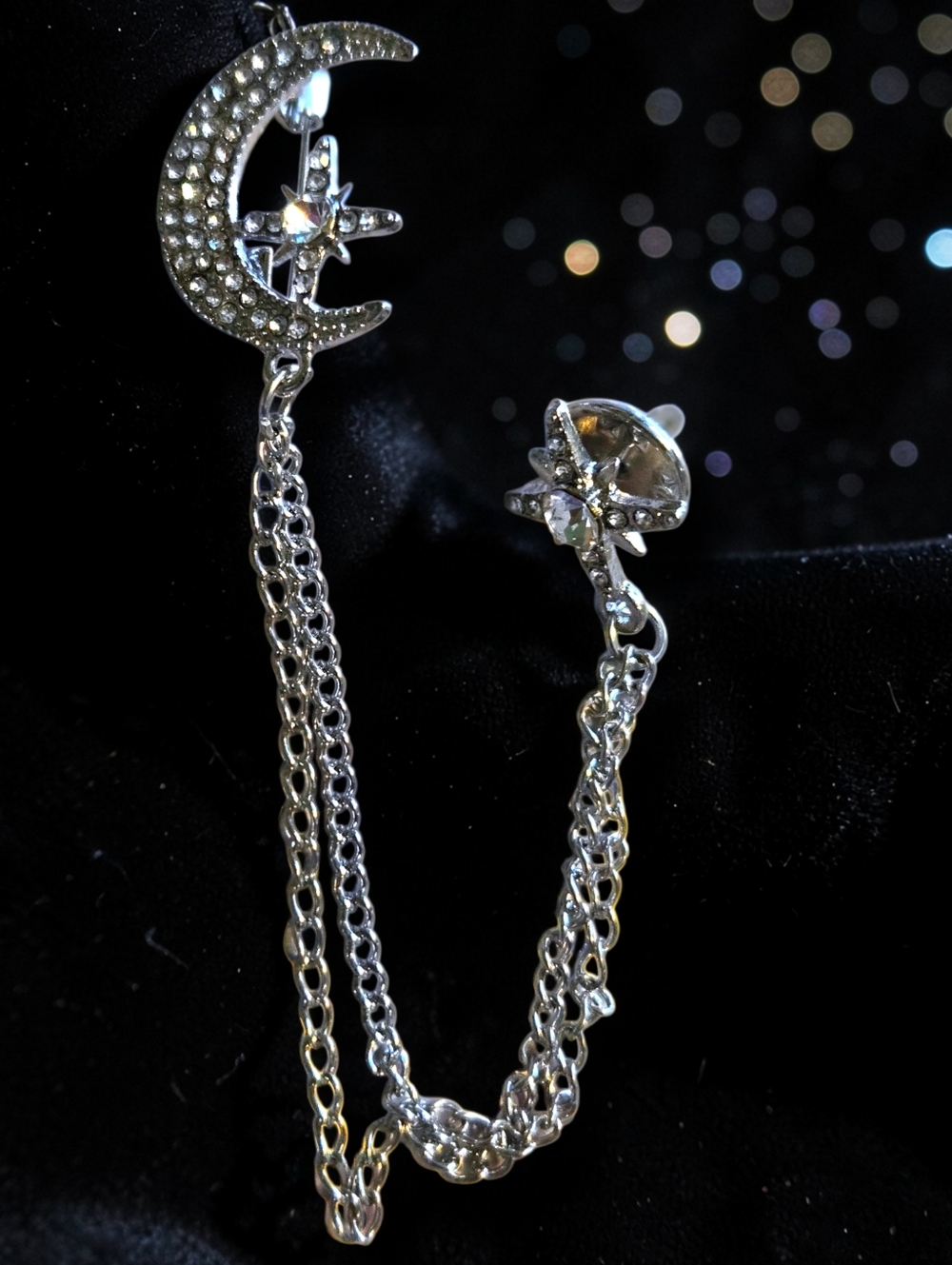 Silver Moon & Star Chain Brooch - Silver
